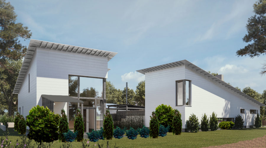 Kaksi valkoista taloa: Villa Mikael ja Villa Sanni.